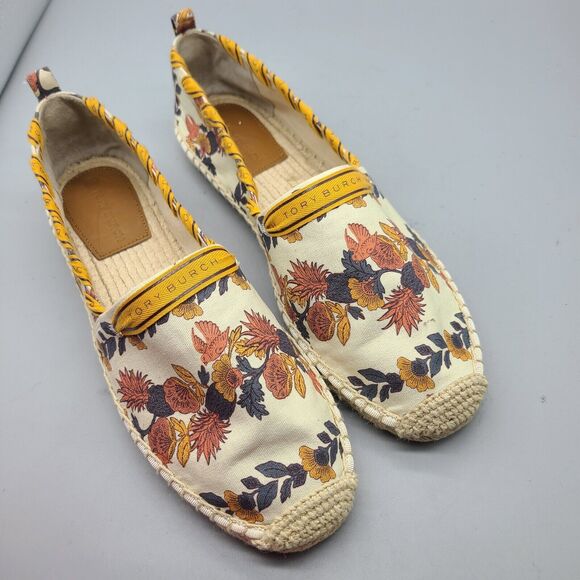 Tory Burch Sz 10.5 Flats Shoe Grosgrain Whipstitch Espadrille Printed Canvas New - Picture 1 of 7